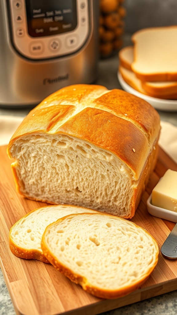 Freshly baked loaf of no milk bread on a cutting board with slices and butter.